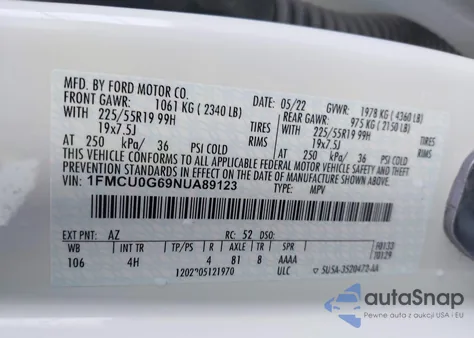 2022 Ford Escape Se z USA, uszkodzony, nr VIN 1FMCU0G69NUA89123